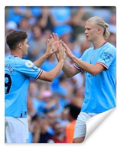 Erling Haaland  9 of Manchester City is substituted in the 74th minute for Julian Alvarez  19 of Manchester City