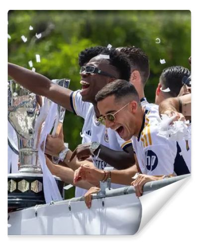 Madrid, Spain - May 12, 2024: Real Madrid football team celebrates its 36th league title in the Plaza de Cibeles. The players celebrate being league champions. League champions 23/24.