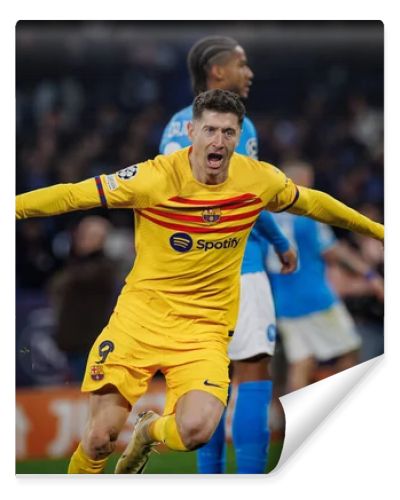 Robert Lewandowski celebrates after scoring goal during UEFA  Champions League 23/24 game between SSC Napoli and FC Barcelona at Stadio Diego Armando Maradona, Naples, Italy. (Maciej Rogowski)