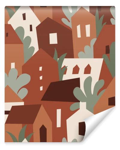 Modern seamless pattern with abstract houses and trees. Childish vector background. Can be used for fabric, textile, wallpaper.