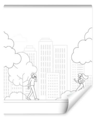 People, city skyline in line art style - landscape with houses, trees and clouds. Isolated vector illustration of beautiful cityscape for real estate and property banner or card