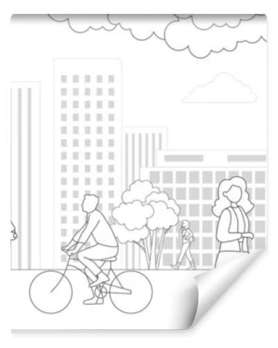 People, city skyline in line art style - landscape with houses, trees and clouds. Isolated vector illustration of beautiful cityscape for real estate and property banner or card