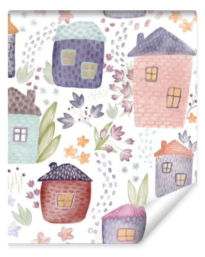 Cute Watercolor Houses and Flowers Seamless Pattern. Tender Kids Textile and Wrapping paper design. Watercolour buildings floral fabric pattern. 