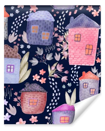 Cute Watercolor Houses and Flowers Seamless Pattern. Tender Kids Textile and Wrapping paper design. Watercolour buildings floral fabric pattern. 