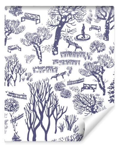 White winter snowy park scenery with trees, benches seamless pattern.