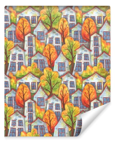 Autumn town. Seamless watercolor pattern with houses and falling trees. Stock print for fabric, textile, paper and any design. Background with children's illustrations in green, orange and gray colors