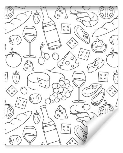Seamless pattern of red wine and snacks outline. Bottle of red wine, olives, camembert, cheese, strawberry, grape, oyster, shrimp, crackers, baguette, tomato, prosciutto