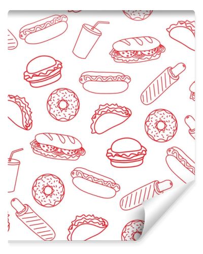 Trendy vector Fast Food pattern for cafe. Set of Fast Food Items and Symbols. Line Art illustration of food for banner, flyer or menu.