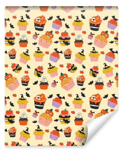 Vector seamless pattern with cupcakes halloween and donuts