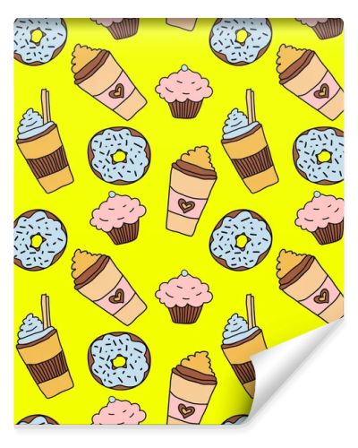 Doodle hand drawn seamless pattern with coffee, donut and cupcake on yellow background. Vector illustration