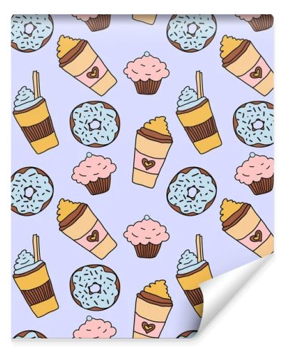 Doodle hand drawn seamless pattern with coffee, donut and cupcake on blue background. Vector illustration