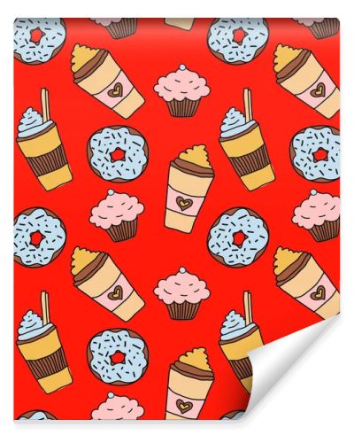 Doodle hand drawn seamless pattern with coffee, donut and cupcake on red background. Vector illustration