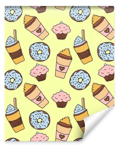 Doodle hand drawn cute cozy seamless pattern with coffee, donut and cupcake on yellow background. Vector illustration