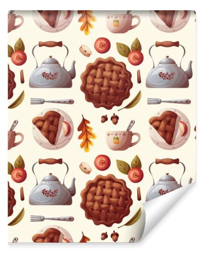 Seamless pattern with kettle, cup and Apple Pie. Cozy home, drink, food, breakfast, thanksgiving day, cooking concept. Vector illustration. Perfect for product design, wallpaper, scrapbooking.