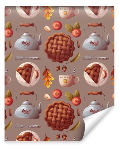 Seamless pattern with kettle, cup and Apple Pie. Cozy home, drink, food, breakfast, thanksgiving day, cooking concept. Vector illustration. Perfect for product design, wallpaper, scrapbooking.