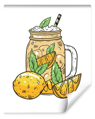 Colorful Lemonade or Lemon cocktail in jar. Hand draw sketch vector illustration.