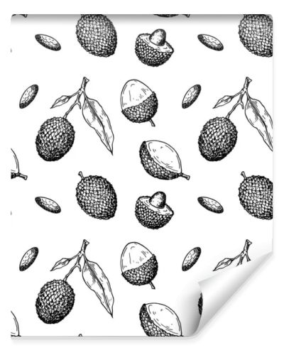 Hand drawn seamless pattern with lychee fruits, branches and leaves. Vector illustration in botanical sketch style