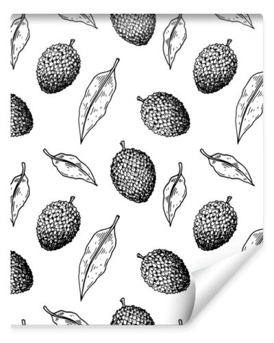 Hand drawn lychee fruit seamless pattern. Vector illustration in botanical sketch style