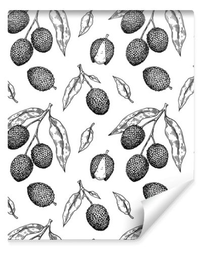Hand drawn seamless pattern with lychee fruits, branches and leaves. Vector illustration in botanical sketch style