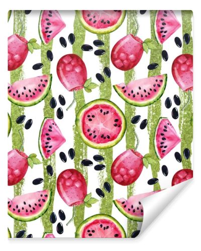 Juicy watermelon for a summer drink and healthy food. Seamless pattern. Watercolor illustration for design of notepad, cover, wallpaper, packaging, wrapper, print, background, template