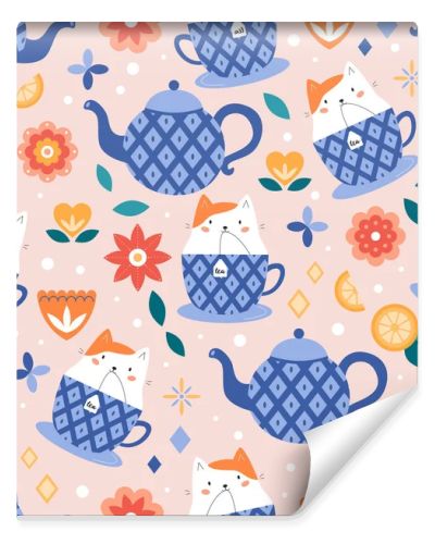 Seamless pattern with cute kawaii cat in cup. Tea time. Abstract flowers. Cartoon character. Vector illustration.