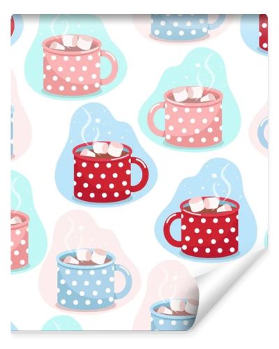 Cocoa mug seamless pattern, mugs of different colors in white polka dots with cocoa and marshmallows, vector print in flat style