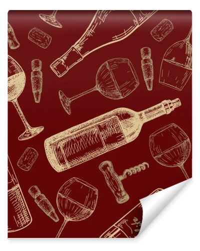 wine pattern, sketches, hand drawn seamless pattern. bottle, glass, corkscrew