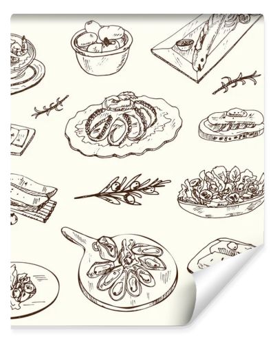 Mediterranean cuisine Vector seamless pattern with food and drink hand drawn doodles.