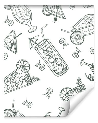 Seamless doodle cocktail pattern. Pastel color background with juice, cocktails, and fruits.