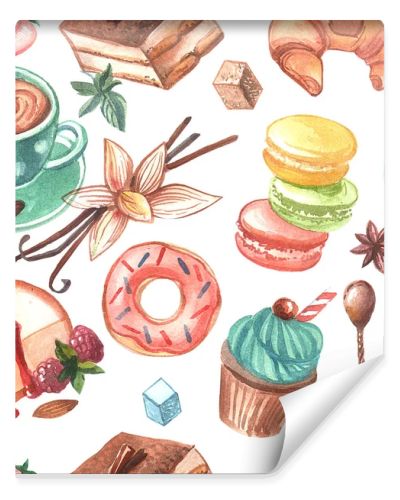 Hand drawn watercolor illustration coffee and sweets