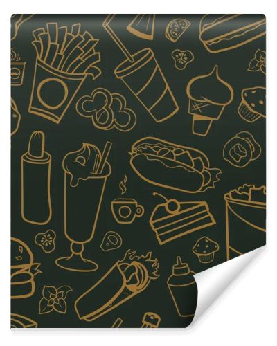 Fast food drawings seamless pattern. Line arts with dark background
