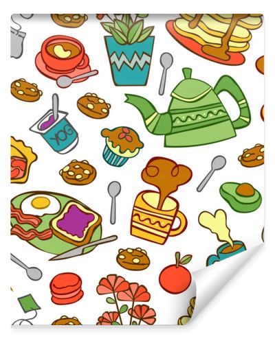 Food, tea and coffee. Bakery products. Fruit. Seamless vector pattern (background).