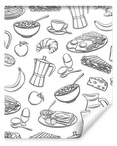 Vector seamless pattern hand drawn breakfast icons. Retro background with pancakes, toast with jam, croissant, cheese and etc.