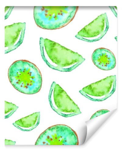 Seamless Watercolor Lime and Kiwi fruits tropical pattern. Green fruit exotic background.
