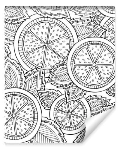 Black and white seamless pattern with lemons, oranges and leaves. Graphic citrus background.