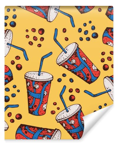 Vector hand drawn seamless pattern of soda, cola drink. Fast food cartoon background. For identify the restaurant, packaging, menu design, fabric texture.