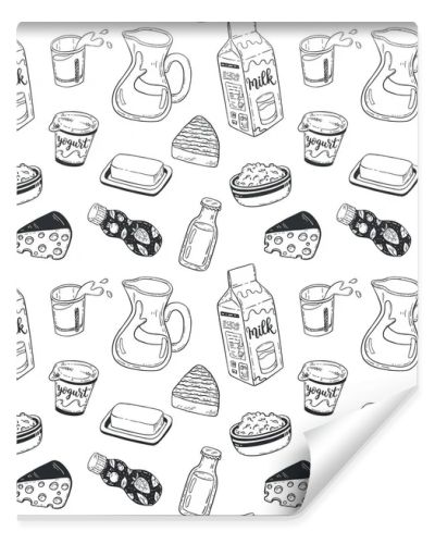 hand drawn vector seamless pattern with sketch Dairy products