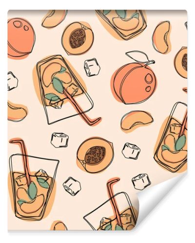 Peach tea or cocktail seamless pattern. Vector hand drawn illustration on isolated white background.