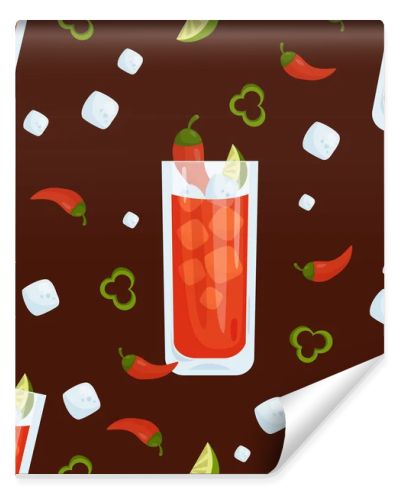 Seamless pattern with cocktail. Mexican Vampiro in glass with ice cubes, chili peppers and lime on black background. Vector illustration. Pattern with latin american drink on Halloween