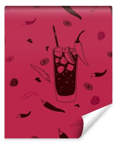 Seamless pattern with Mexican cocktail Vampiro on magenta background with chili peppers and lime slices. Vector illustration latin american drink in doodle style