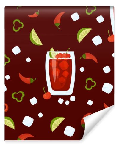 Seamless pattern with Mexican cocktail. Cherry limeade drink in glass with ice cubes, cherries and lime on dark burgundy background with chili pepper. Vector pattern with latin american drink