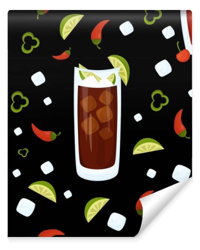 Seamless pattern with Mexican cocktails. Charro Negro and Cherry limeade drink in glass on black background with lime slices, ice cubes and chili peppers. Vector pattern with latin american drink