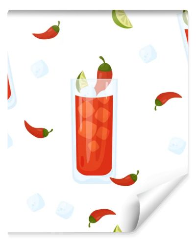 Seamless pattern with Mexican cocktail Vampiro on white background with ice cube, chili peppers and lime slices. Vector illustration. Pattern with latin american drink for wallpaper, print, decor