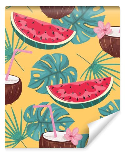 Beautiful seamless pattern with watermelon and coconut with tropical leaves on the background.Tropical background.