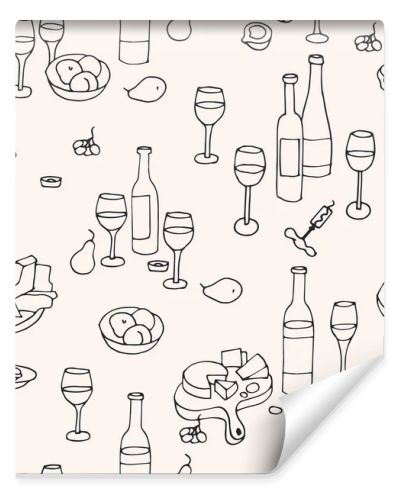 Vector seamless pattern with icons in linear style - wine sets with bottles of wine, glasses and plates with cheese and fruits