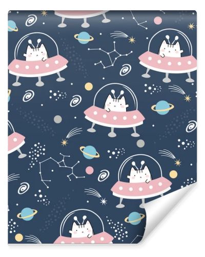 Seamless Pattern Kawaii Cute Cat in Spaceships, Cartoon Animals Background, Vector Illustration. 