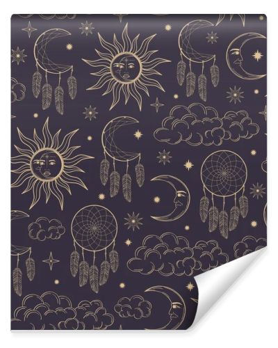 Hand drawn seamless pattern of Sun, Moon, dreamcatcher, feather, star, cloud. Celestial space vector. Magic space galaxy sketch illustration for wallpaper, wrapping paper, fabric