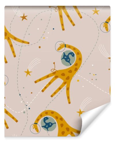 Seamless space pattern with giraffes. Fashionable children's wallpaper. Wallpaper for children's textiles