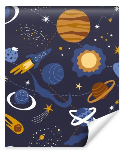 Seamless space pattern with galaxy. Fashionable children's wallpaper. Wallpaper for children's textiles