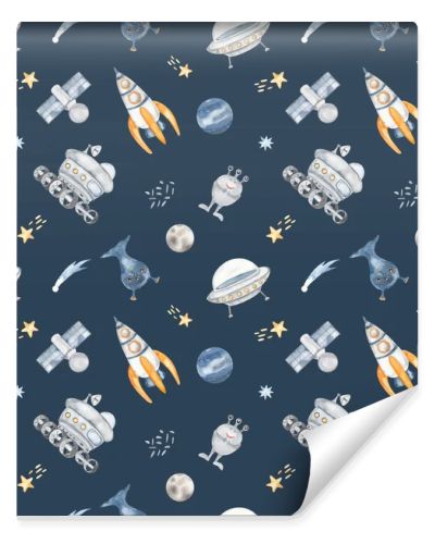 Flying saucer, rocket, satellite, lunar rover, aliens, stars, planets on a blue background Watercolor seamless pattern space